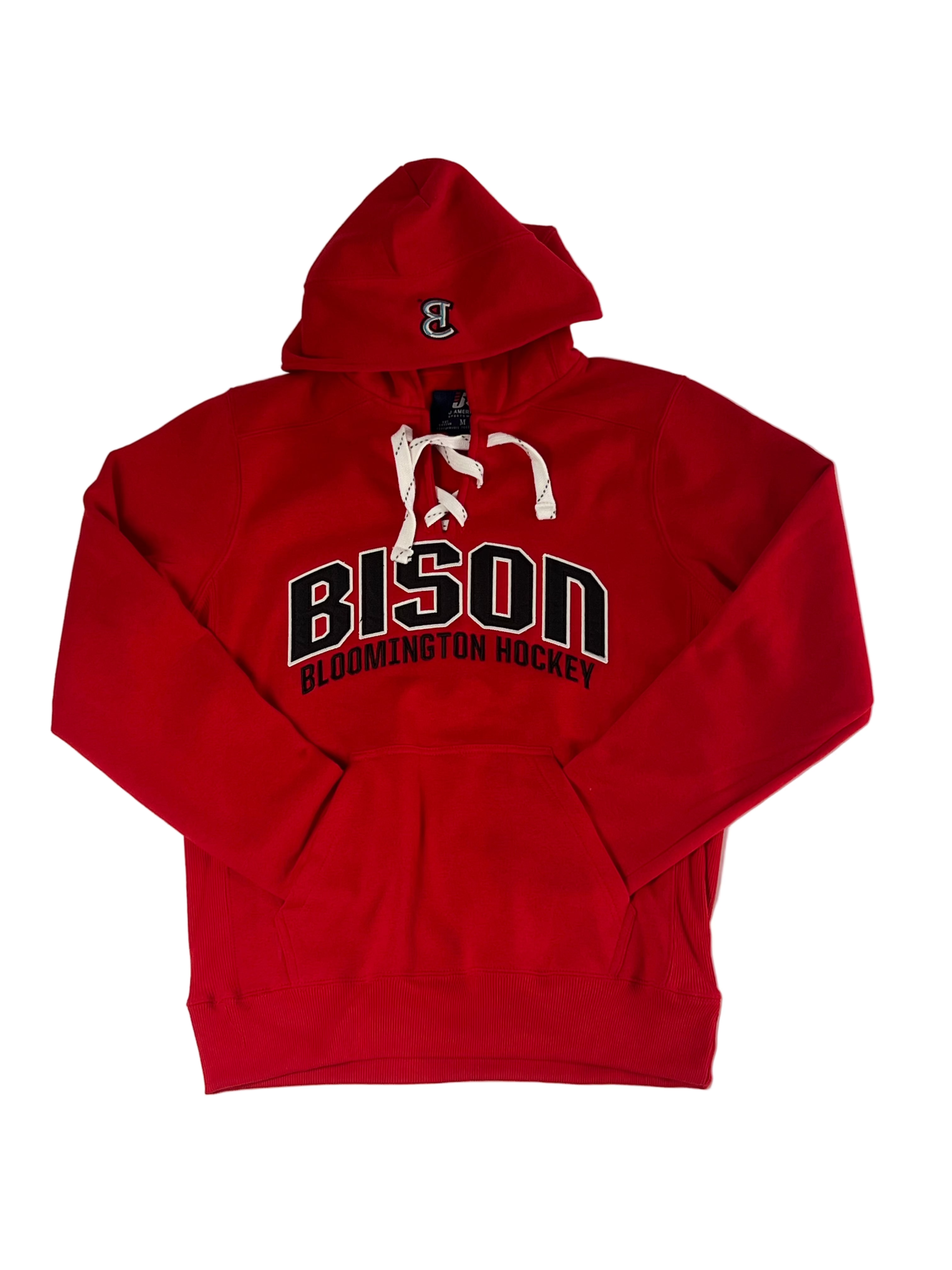 Bison, Bloomington, red hoodie, laced up
