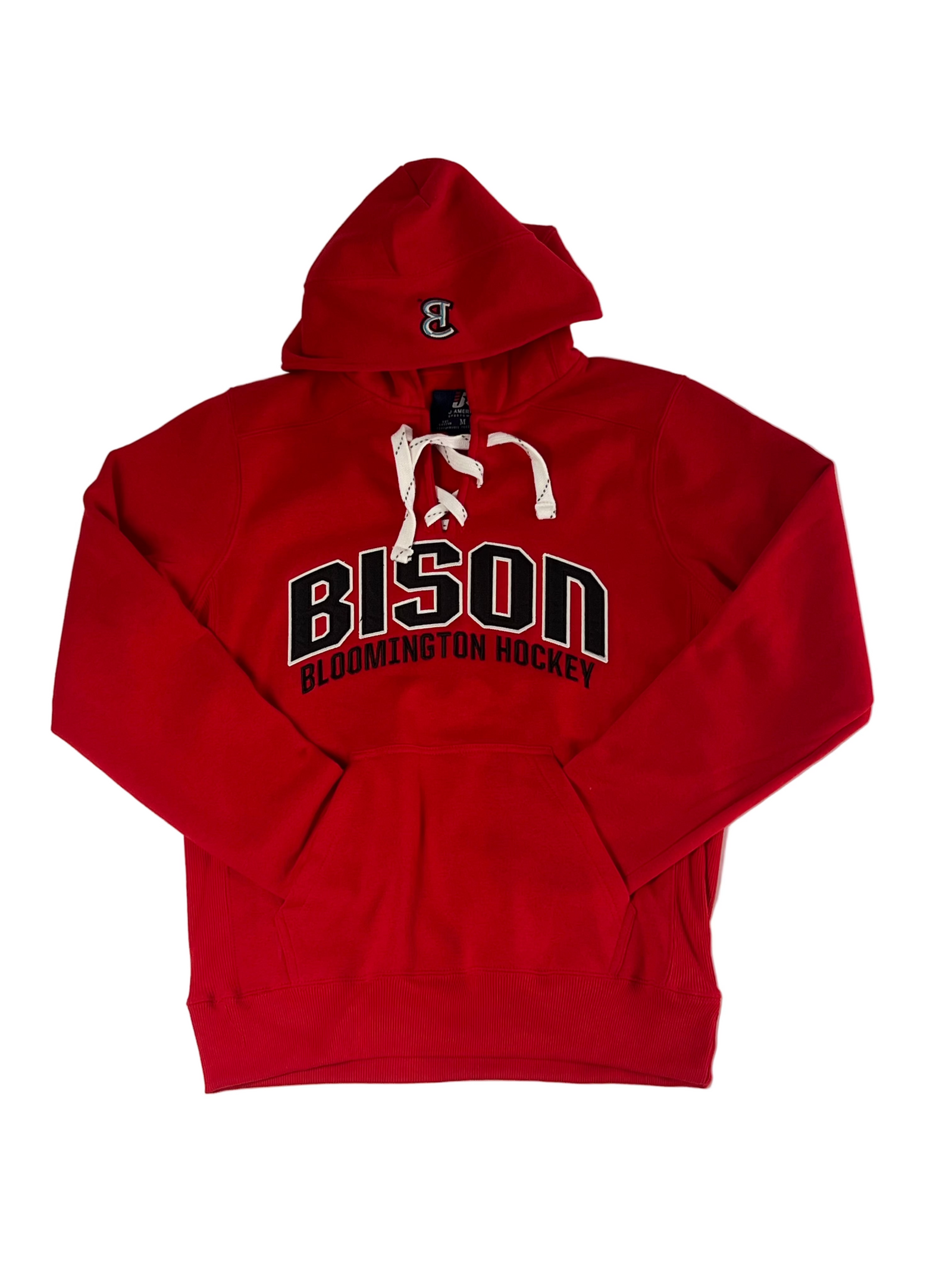 Bison, Bloomington, red hoodie, laced up