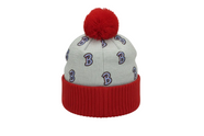 Gray beanie with red pom-pom and 'B' logo, featuring a tag on a white background