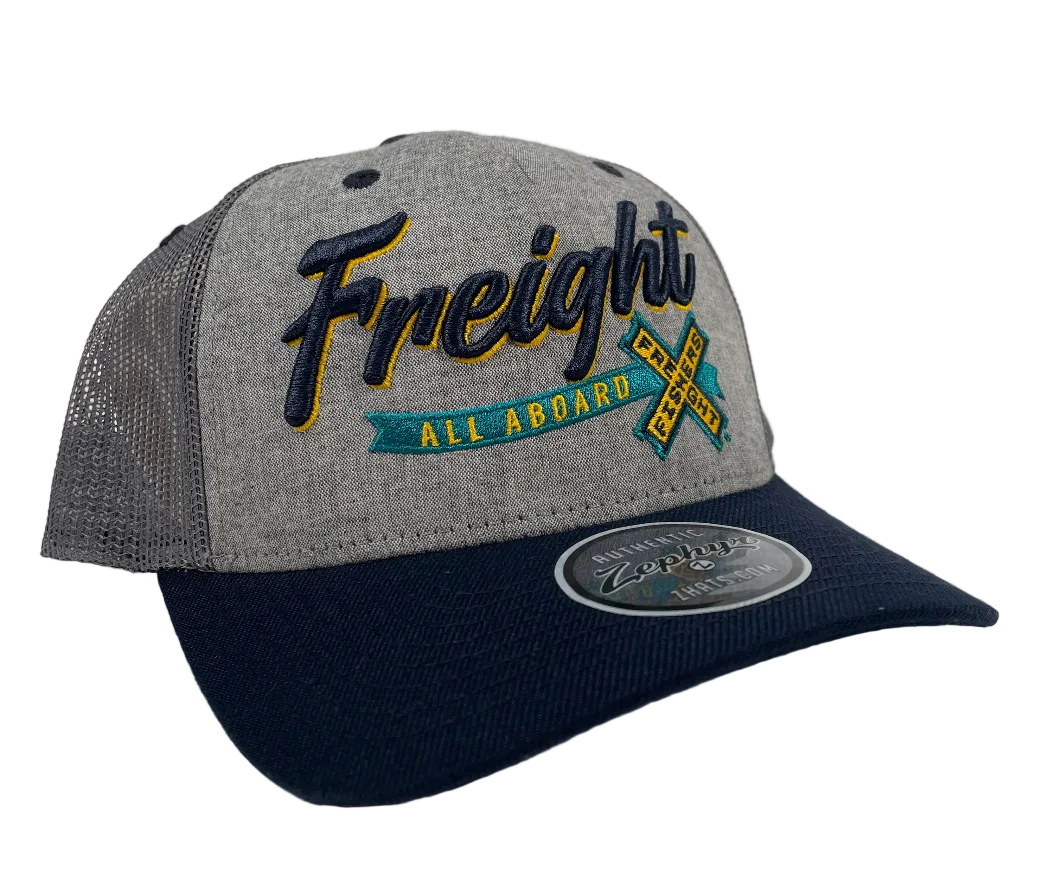 Fishers Freight gray hat with "Freight All Aboard" letting and navy bill.