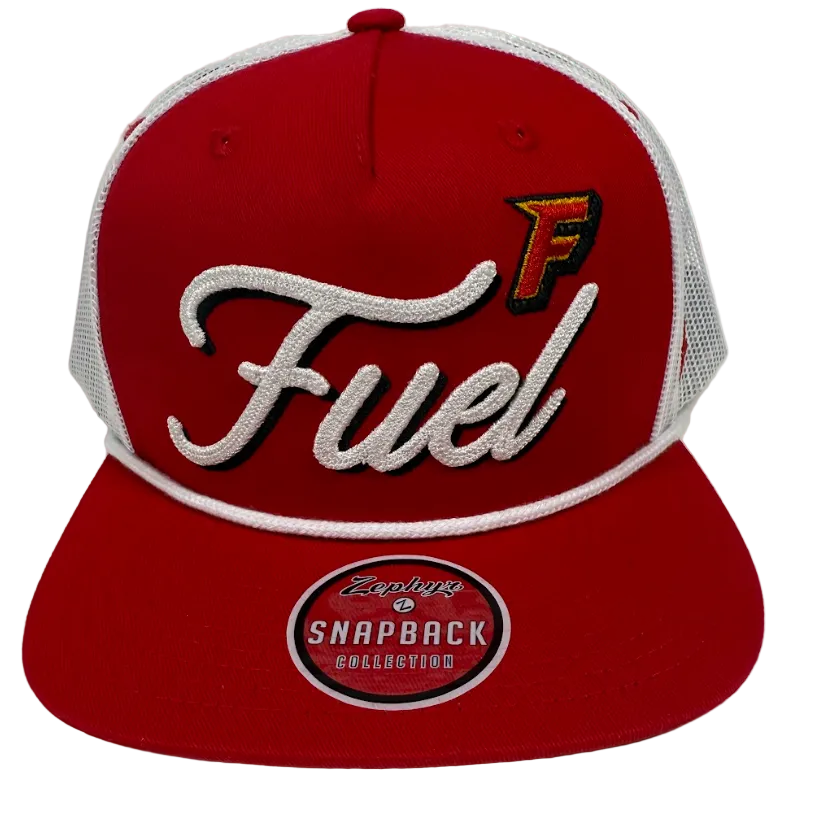 Red Fuel snap back hat with F logo and white script.