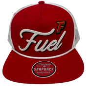 Red Fuel snap back hat with F logo and white script.