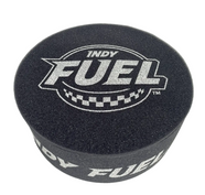Fuel foam hat shaped like a hockey puck with primary logo and word mark on it