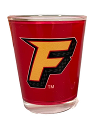 Fuel glass shot glass with F logo and primary logo on a red background