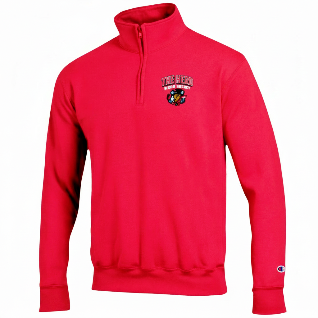 Red Bison quarter zip with primary logo, "The Herd" and "Bison Hockey" on the chest against a white background