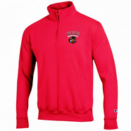 Red Bison quarter zip with primary logo, "The Herd" and "Bison Hockey" on the chest against a white background