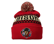 Bloomington Bison adult red pom beanie with primary logo and "Bison".