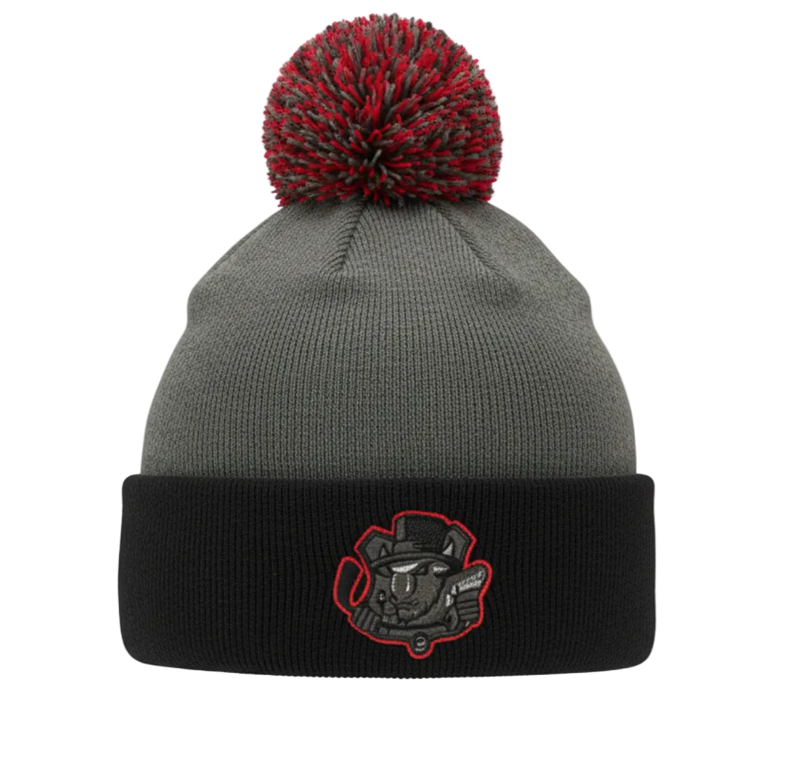 Bloomington Bison adult black and gray pom beanie with primary logo.