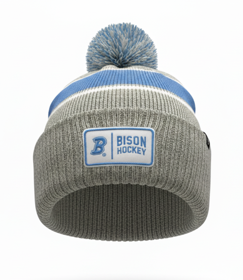 Bloomington Bison adult grey pom beanie with B logo and "Bison Hockey"