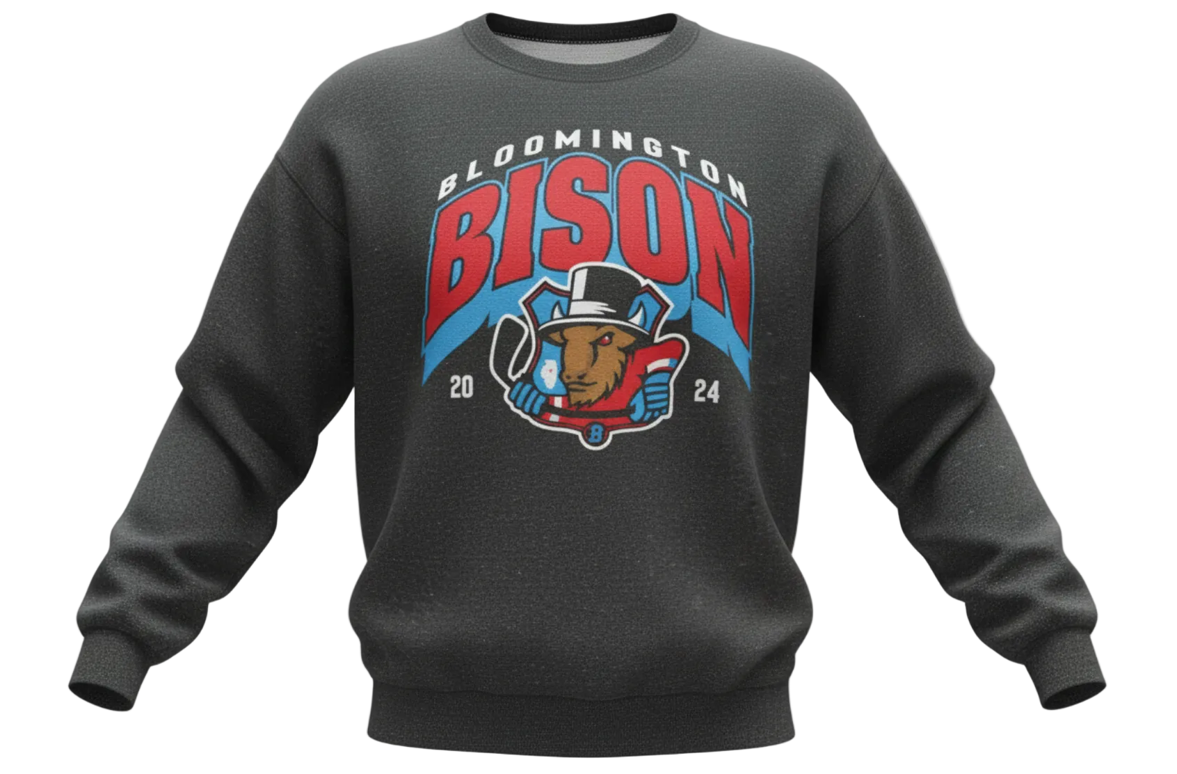 Bloomington Bison charcoal crew sweatshirt with primary logo.