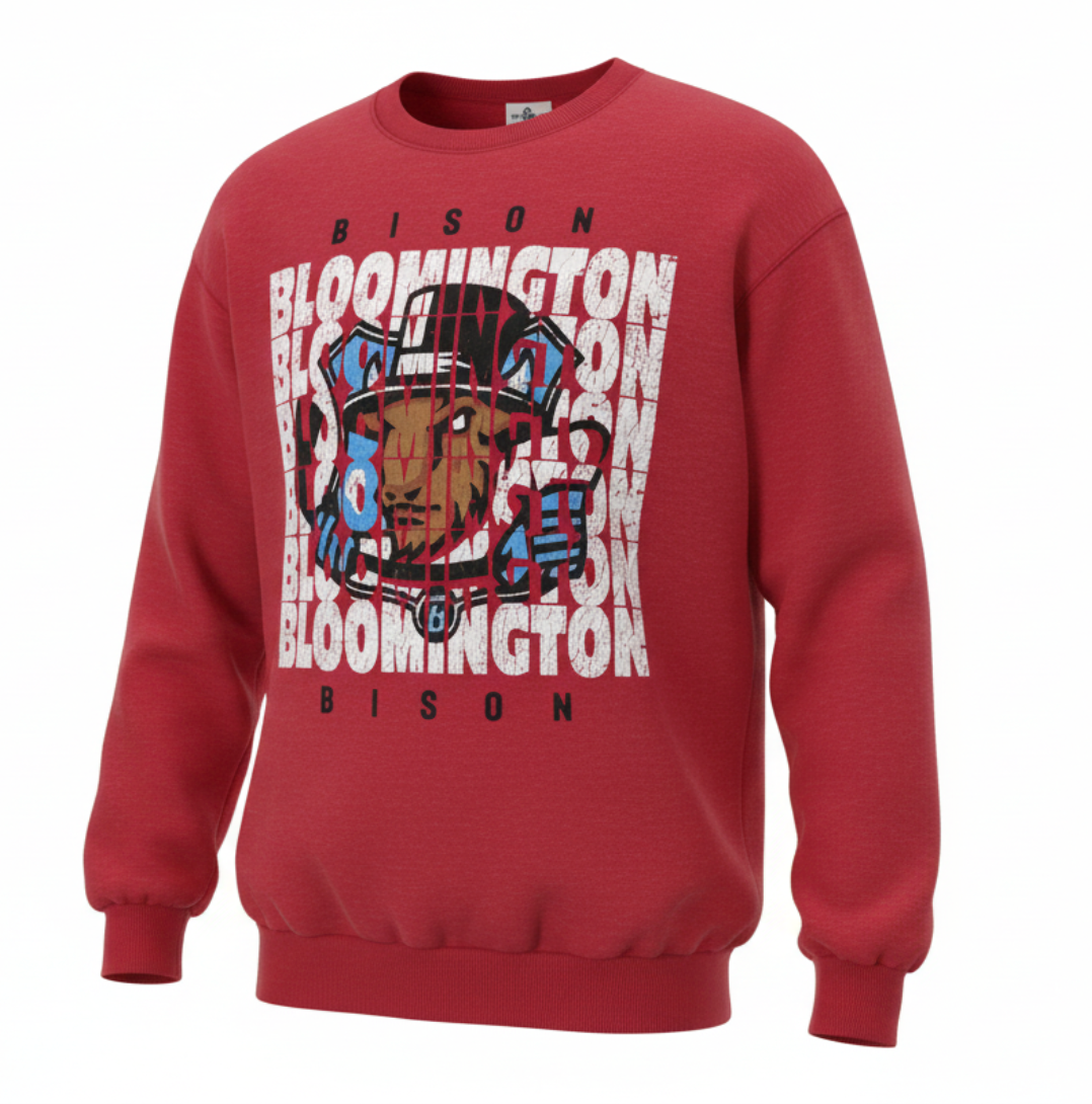 Bloomington Bison adult red crew sweatshirt with primary logo.