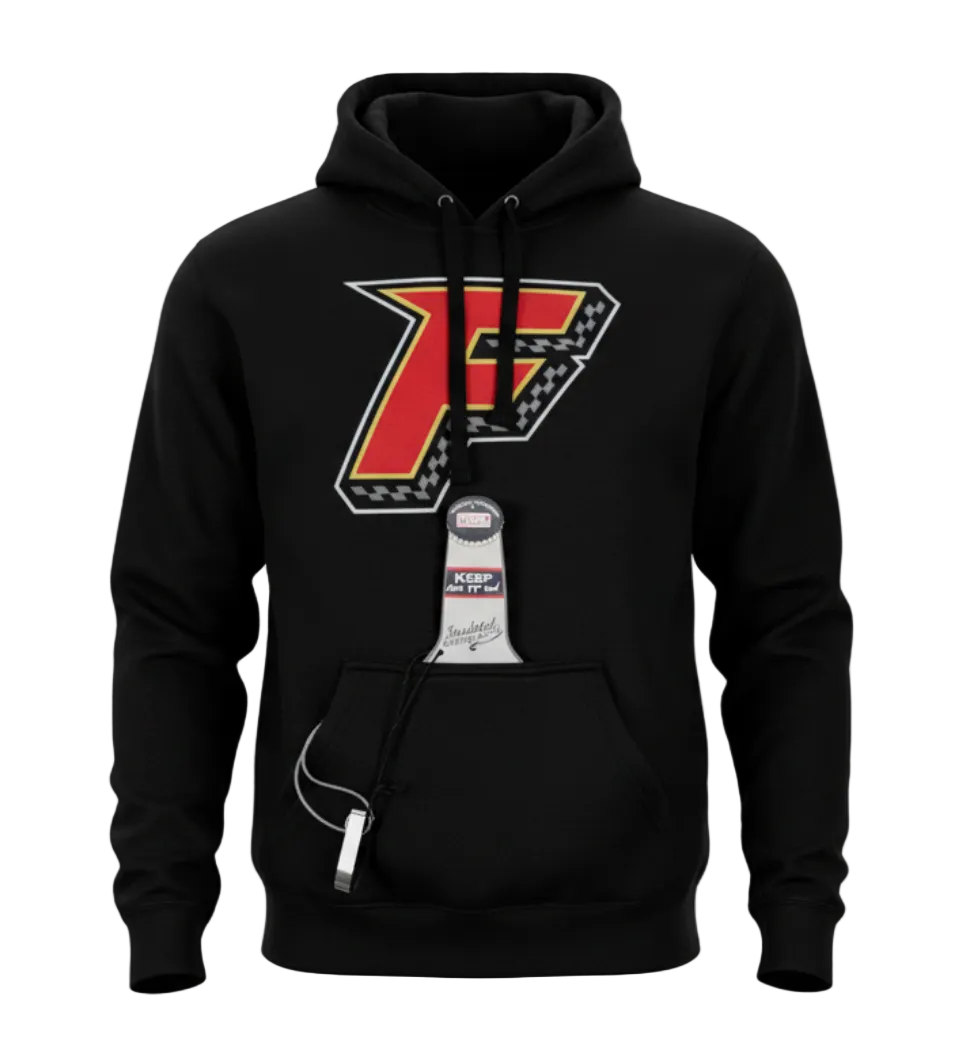 Indy Fuel adult black hoodie with F logo on chest, beer pocket and bottle opener.