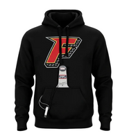 Indy Fuel adult black hoodie with F logo on chest, beer pocket and bottle opener.