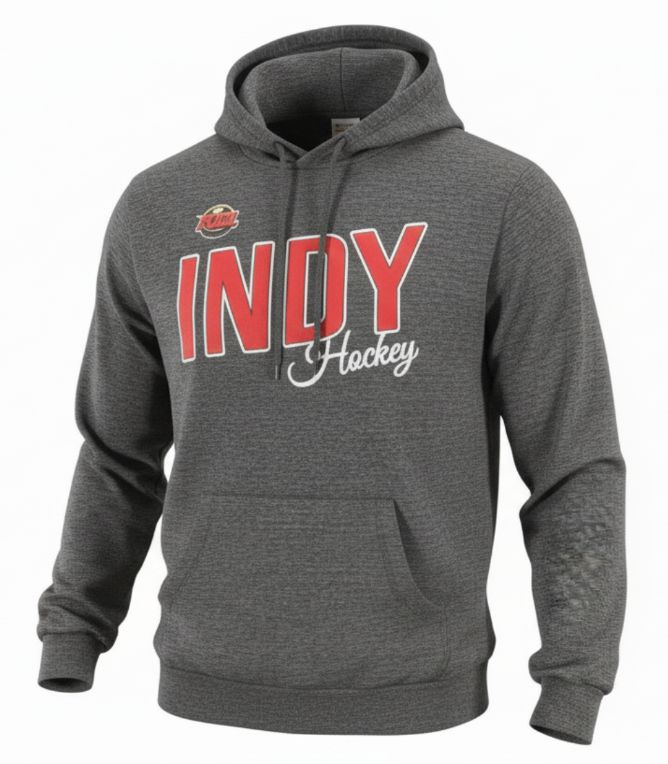 Indy Fuel youth gray hoodie with primary logo on right chest.