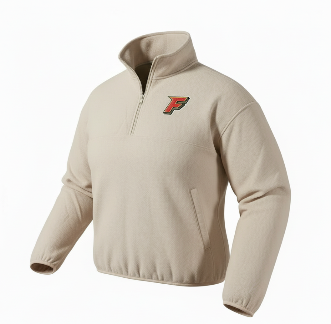 Indy Fuel Sand Half Zip with F logo on left chest.