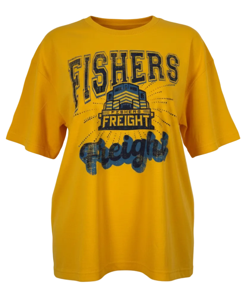 Fishers Freight Oversized Women's Tee.  Yellow with Primary Logo.