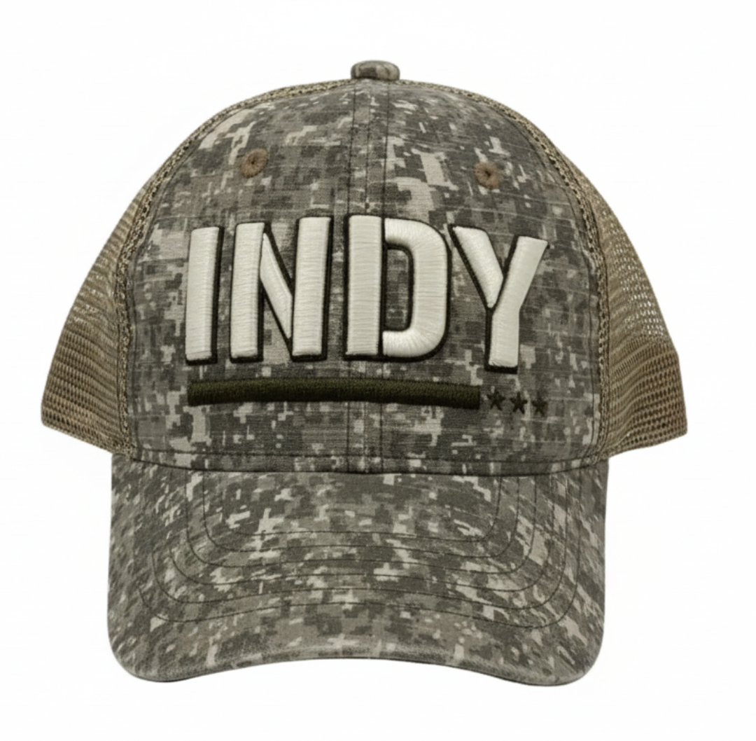 Indy Fuel hat with digital camo and primary logo on back.