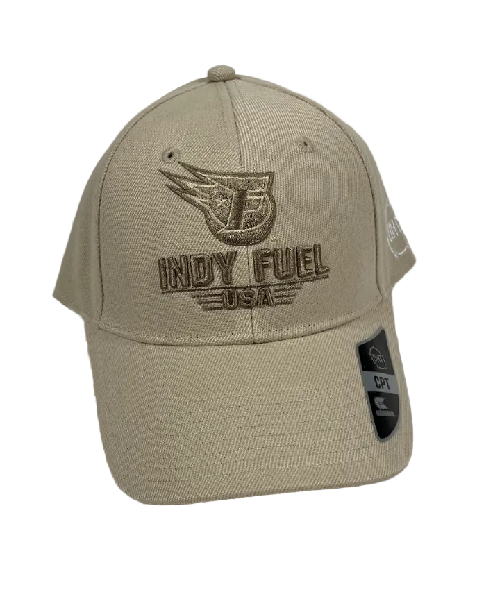 Indy Fuel tan military theme hat with American Flag on the back.