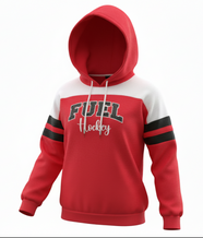 Fuel girl's toddler hooded tee with 'Fuel Hockey' on chest and black stripes on sleeves.