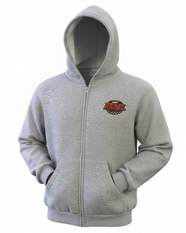 Grey Fuel youth full zip hoodie with primary logo on left chest, along with F logo and black script on back.