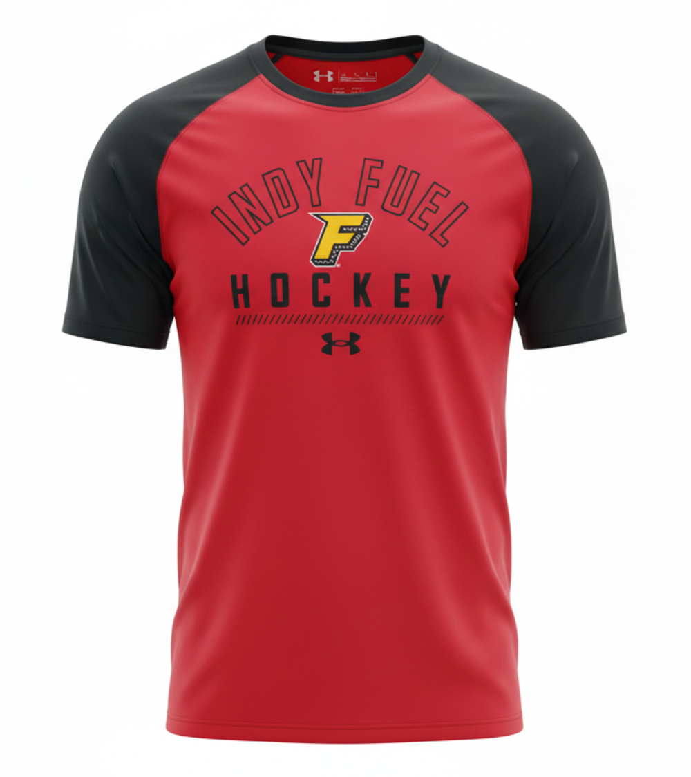 Red and black t-shirt with 'Indy Fuel Hockey' text and Under Armour logo along with F logo on chest.