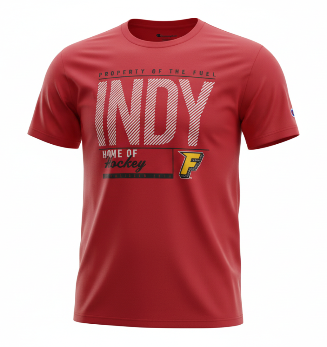 Red Fuel Youth tee with Indy in hite and F logo on chest.