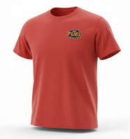 Red Fuel tee with primary logo on left chest, along with F logo and black script on the back.