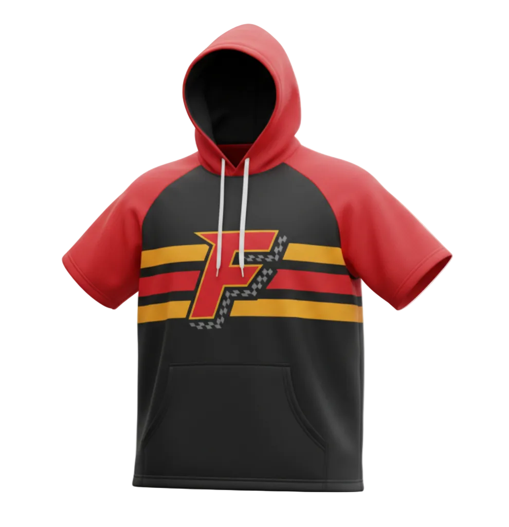 Fuel short sleeve hoodie with Black torso, red sleeves & hood, stripes across chest and F logo.