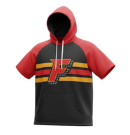 Fuel short sleeve hoodie with Black torso, red sleeves & hood, stripes across chest and F logo.