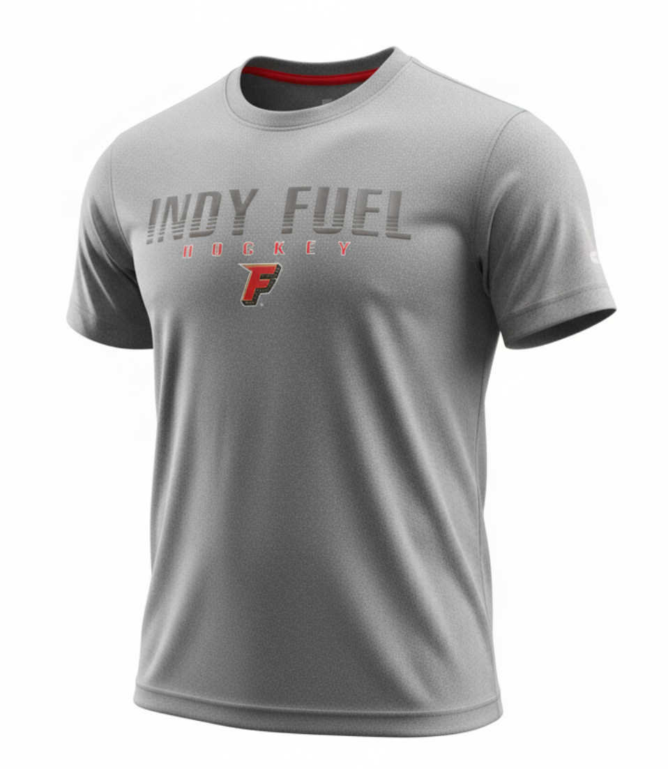 Grey Fuel youth tee with 'Indy Fuel Hockey' and F logo on chest.