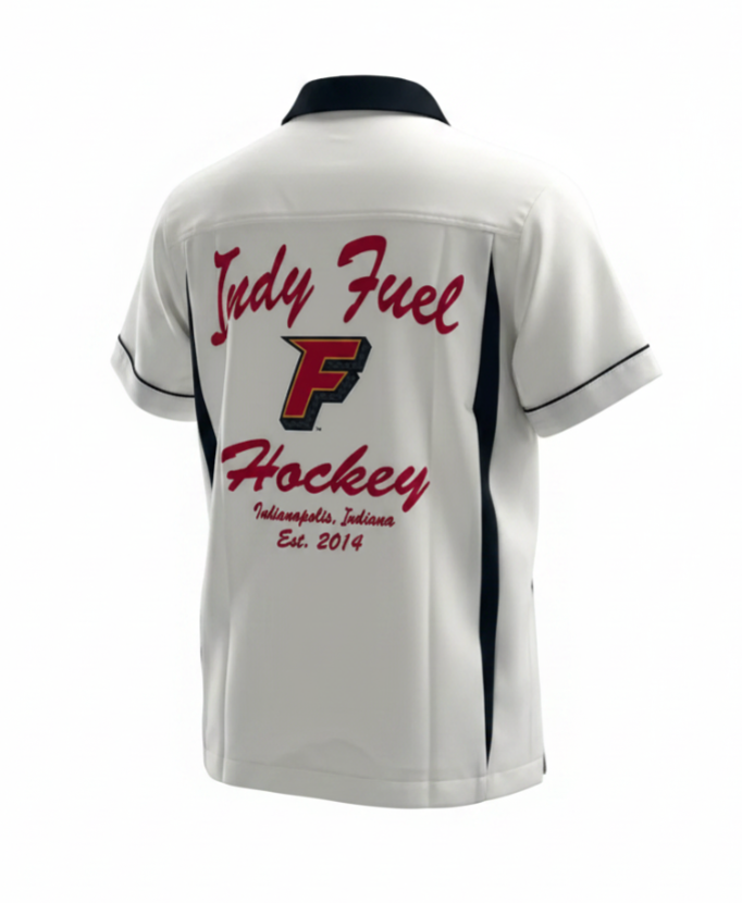 White Fuel button down bowling shirt with red script over pocket on the front, and F logo with red script on the back.
