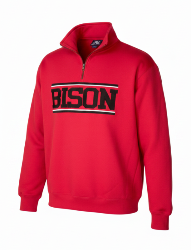 Red Bison quarter zip with 'BISON' text on a white background