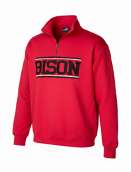 Red Bison quarter zip with 'BISON' text on a white background