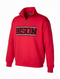 Red Bison quarter zip with 'BISON' text on a white background