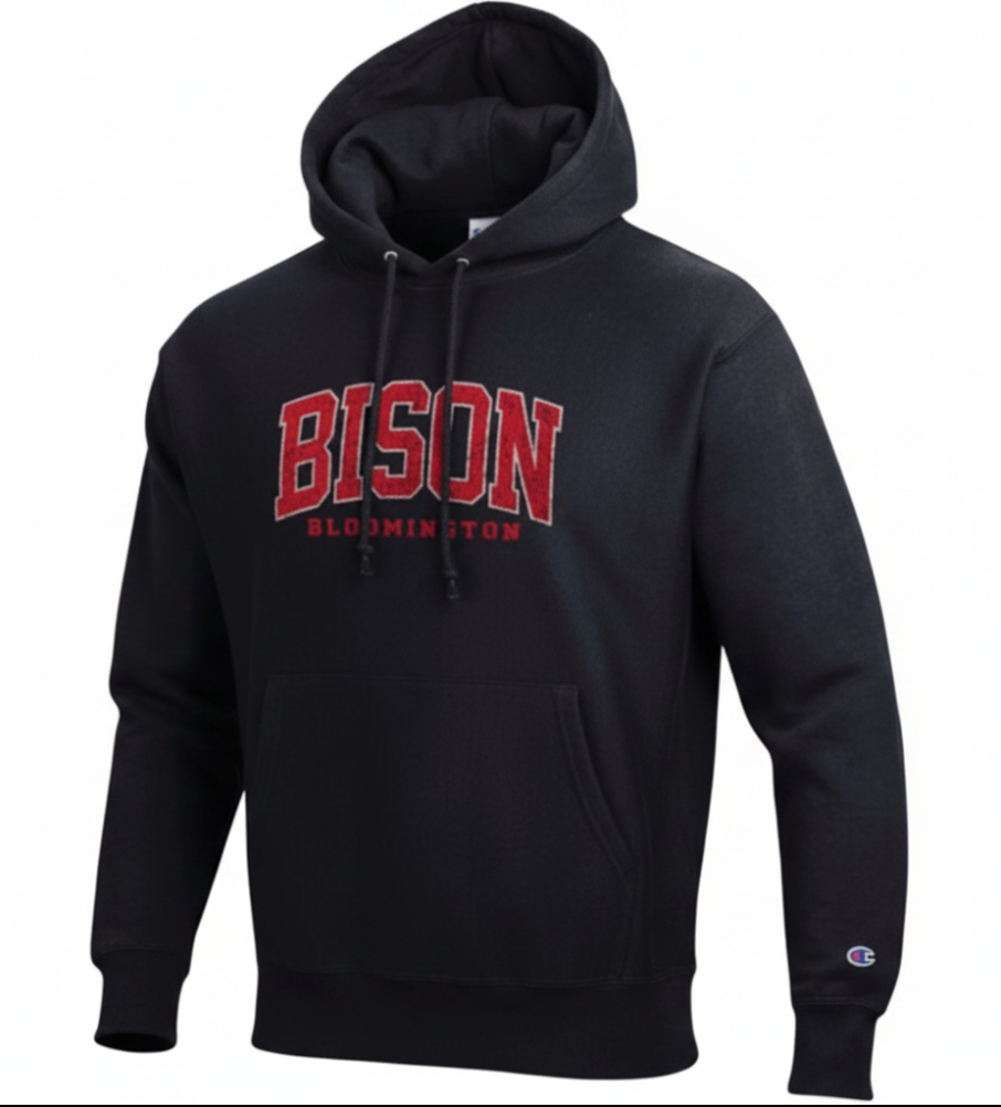 Black Bison hoodie with "Bloomington" & "Bison" in red on chest